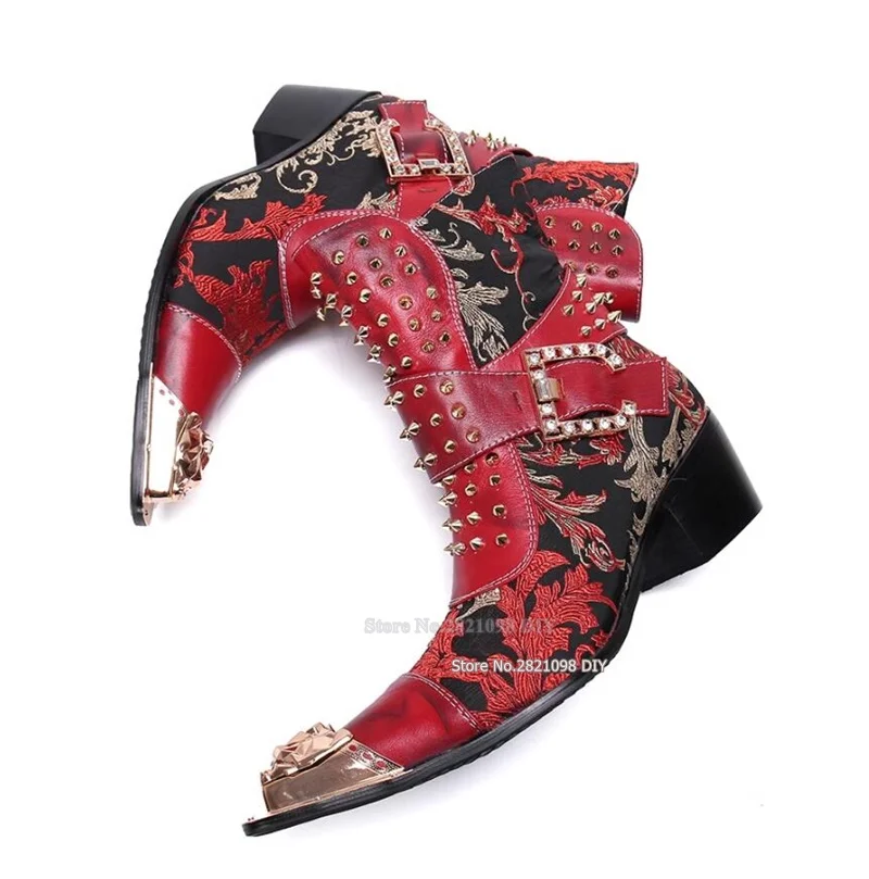 

Fashion Men's Buckle Leather 6.5Cm Heeled Crystal Rivet Boots Men Luxury Stage Casual British Short Boot High-Top Red Shoes