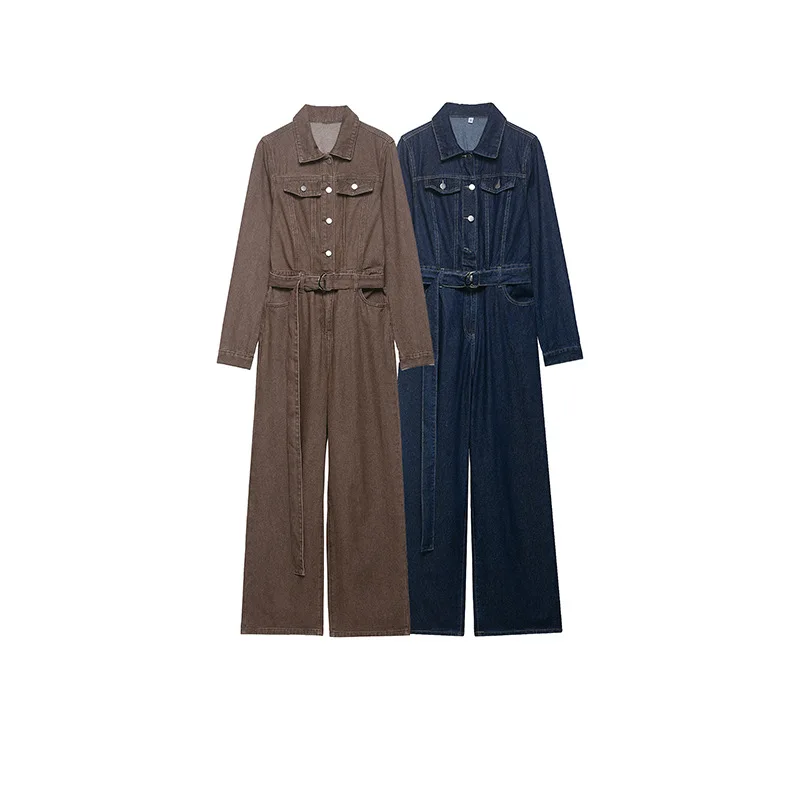 European and American style 2026 spring and summer new style fashionable and versatile retro American lapel denim work jumpsuits