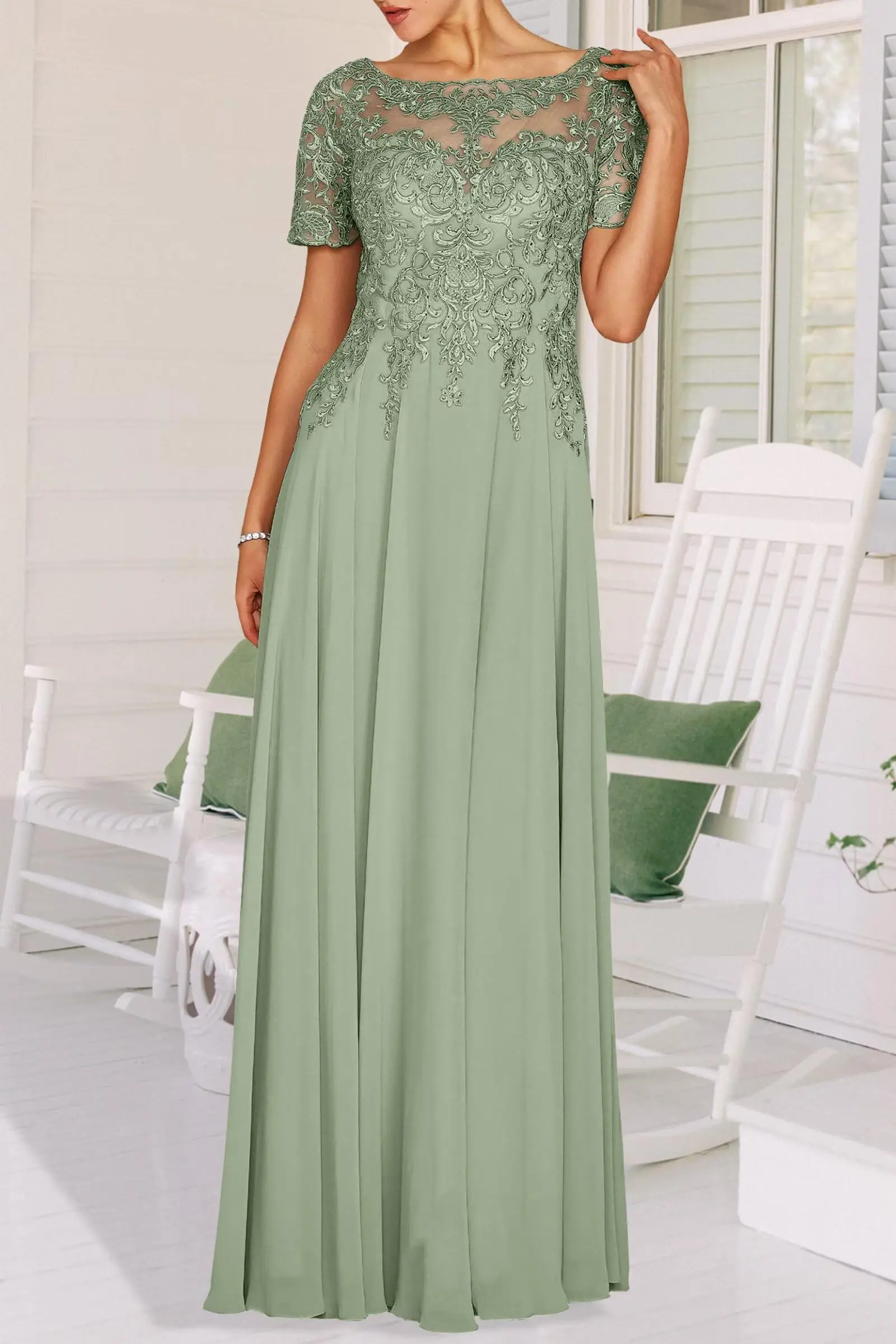 

Short Sleeves Mother of The Bride Dresses for Wedding A Line Chiffon Mother of The Groom Dresses Lace Boat Neck Formal Gown