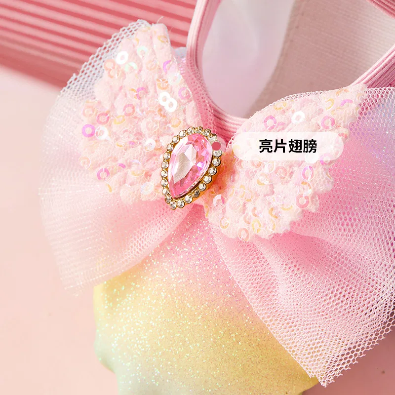 Chaussures de danse pour enfants filles ballerines chaussures arc-en-ciel nœud paillettes en cuir à semelles souples danse Performance Skate Sport chaussures de Yoga