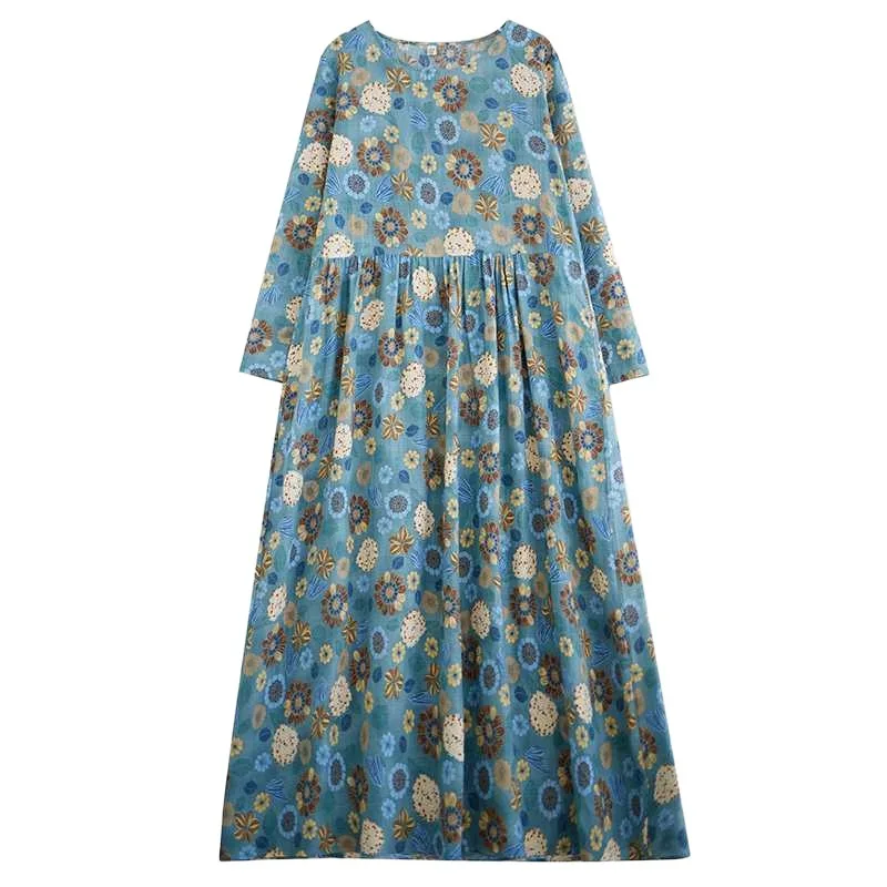 Robe longue d'automne pour femmes, style Boho, décontractée, plage, coton, lin, élégante, col rond, Vintage, Maxi, ample, vêtements pour femmes