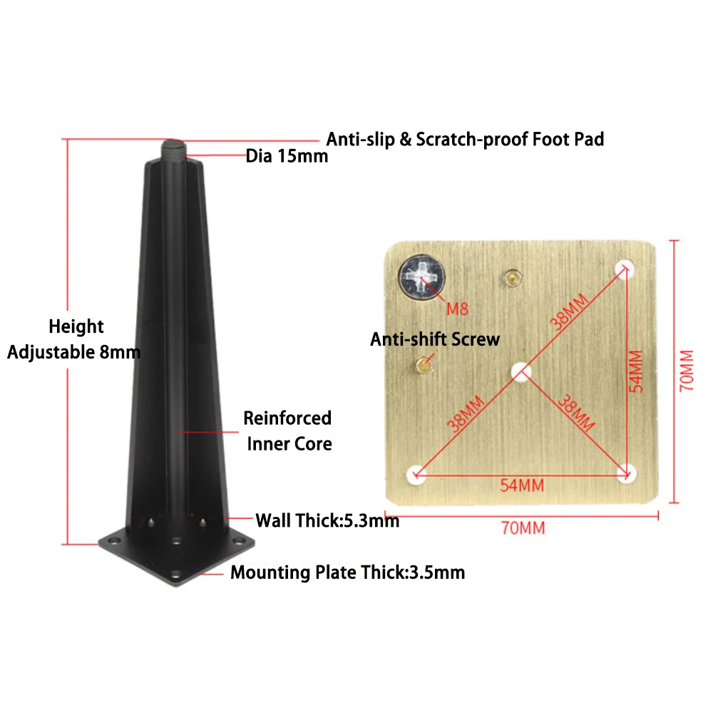 4 Pcs Adjustable Aluminum Alloy Furniture Legs 10-30cm Height Sofa Bed TV Cabinet Legs Matte Black / Gold Non-slip Support Feet