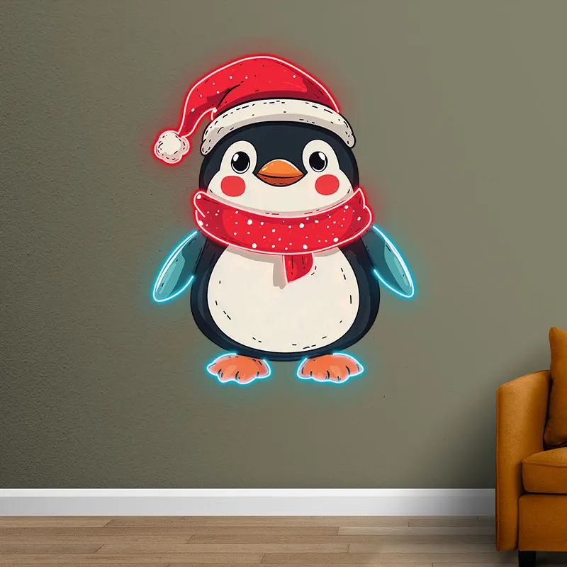 Cute Penguin In Christmas Costume Neon Sign, Winter Home Wall Decor, Perfect Gift For Friends & Penguin Lovers