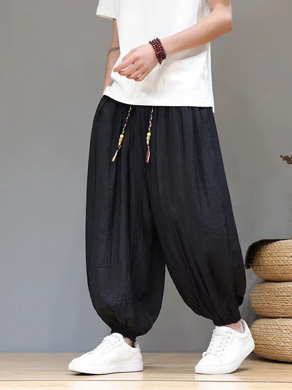 

Мужские летние брюки из льняной ткани с эффектом охлаждения, свободного кроя, широкие, с манжетами, укороченные, в стиле фонарик, повседневные, свободного силуэта, длинные