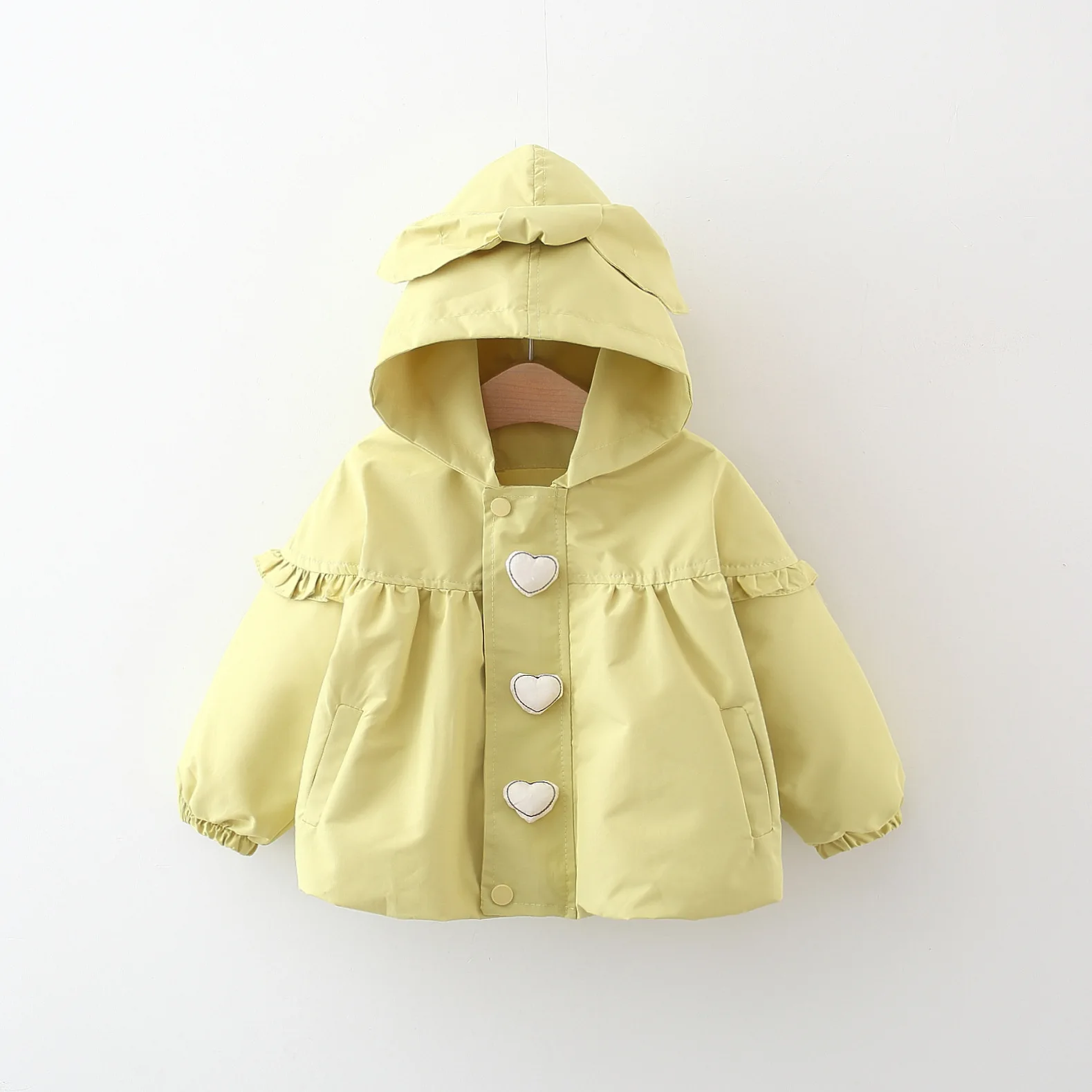 2024 autumn new three love bow hood solid color coat for girls Korean version solid color cardigan kids jacket