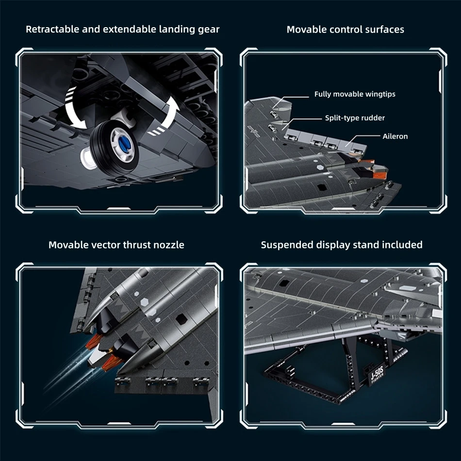 J-50S 6세대 스텔스 전투기 블록 1/44 스케일 DIY 조립 교육용 모델 브릭 키트 장난감 어린이 소년 최고의 선물