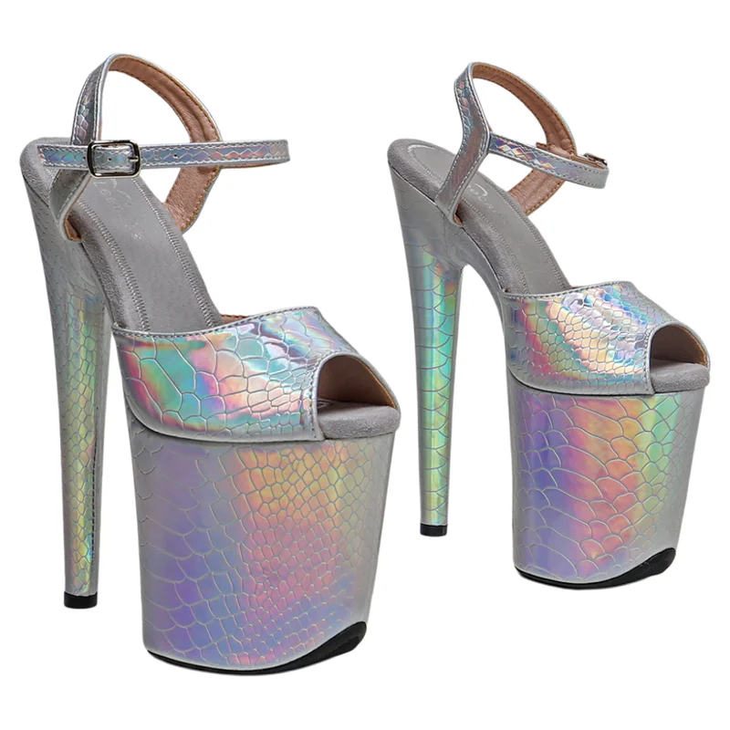 Leecabe 8Inch/20cm Holographic Snake Silver Upper Fashion Platform High Heels Sandals Stripper Heel Pole Dance Shoes