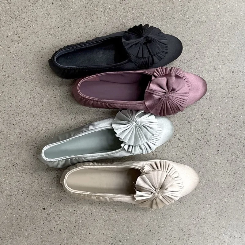New Women's round head Pleated silk ballet Knot Flats Comfortable Casual Slip-On Loafers Daily Office Shoes Footwear