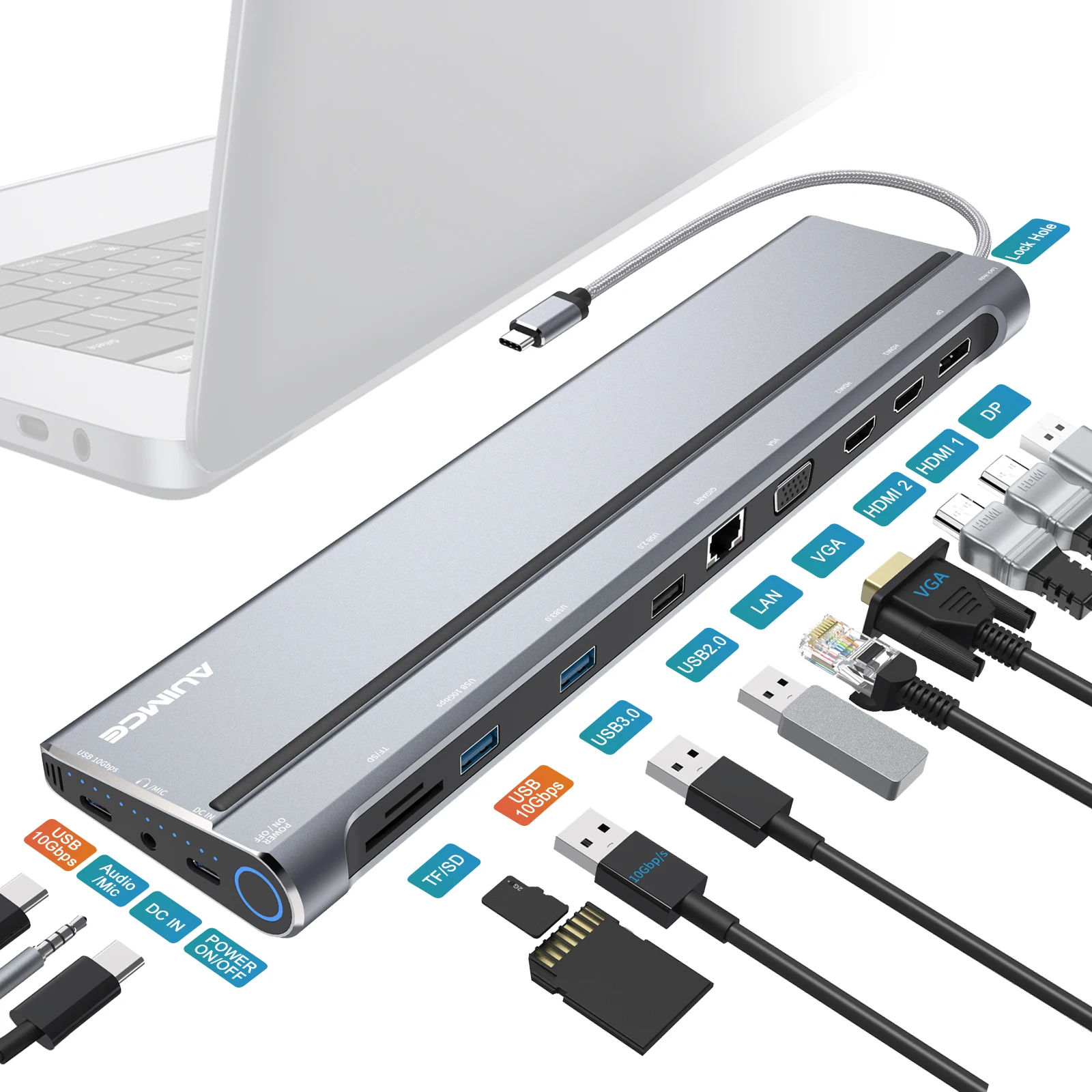 Laptop Docking Station USB C Quadruple Display 5 Extra Content,2*HDMI+DP+VGA,2*USB 10Gbps,USB C PD 100W for Dell/HP/Lenovo/Asus