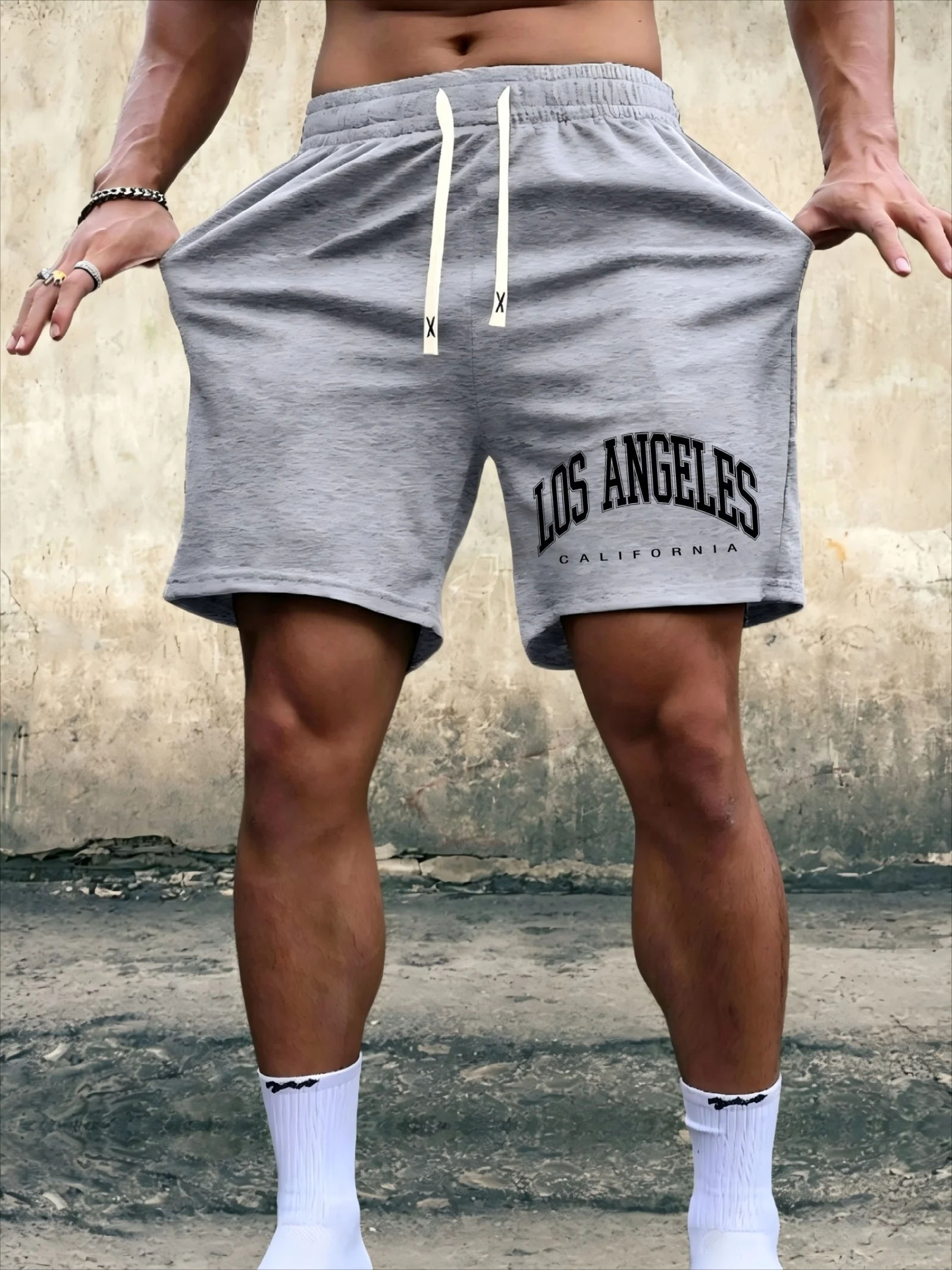 Mens Casual Streetwear Shorts Los Angeles California Print Elastic Waist Drawstring Loose Summer Shorts