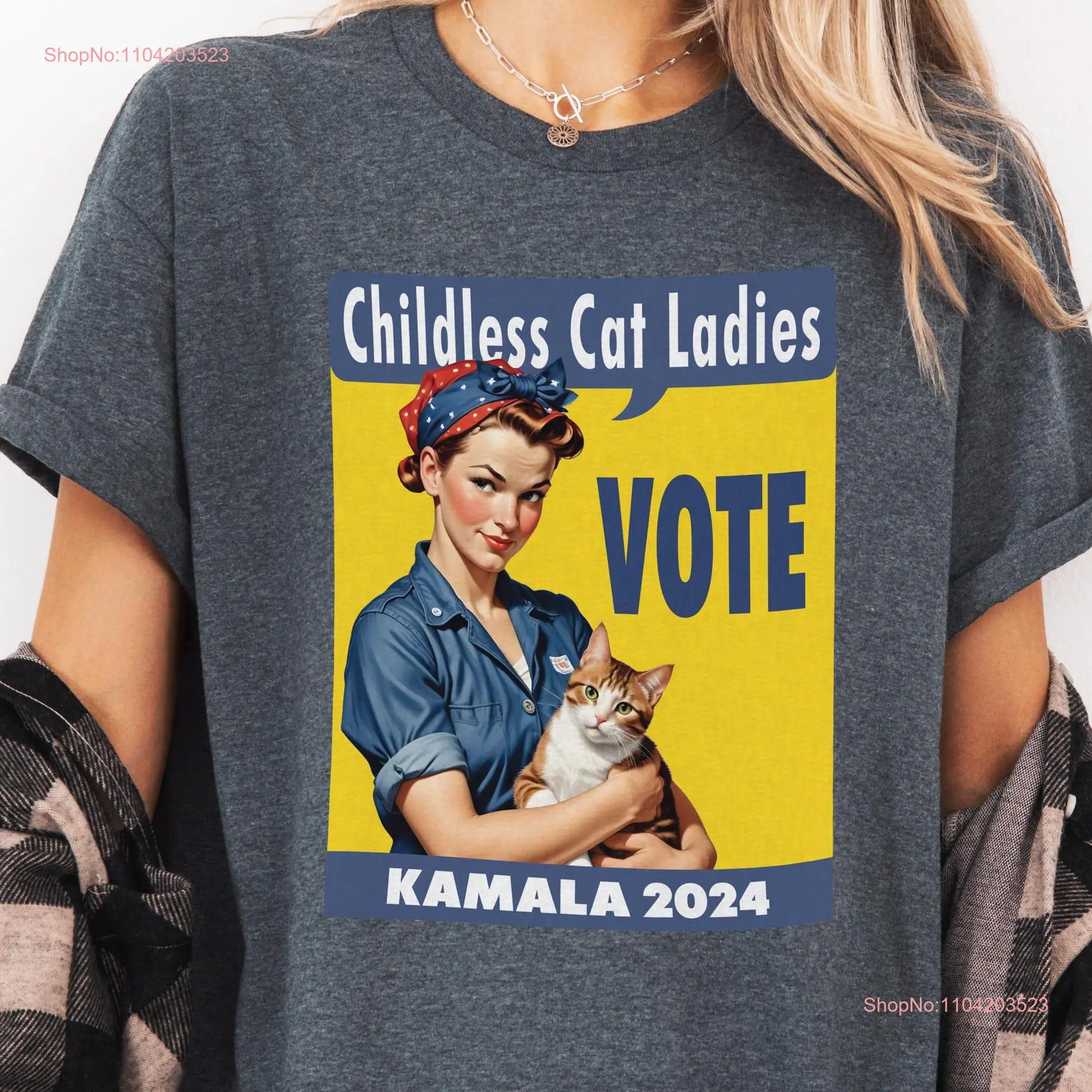 Childless Cat Lady Rosie The Riveter Parody T Shirt Kamala Harris 2024 Presidential Election Campaign Political Funny JD