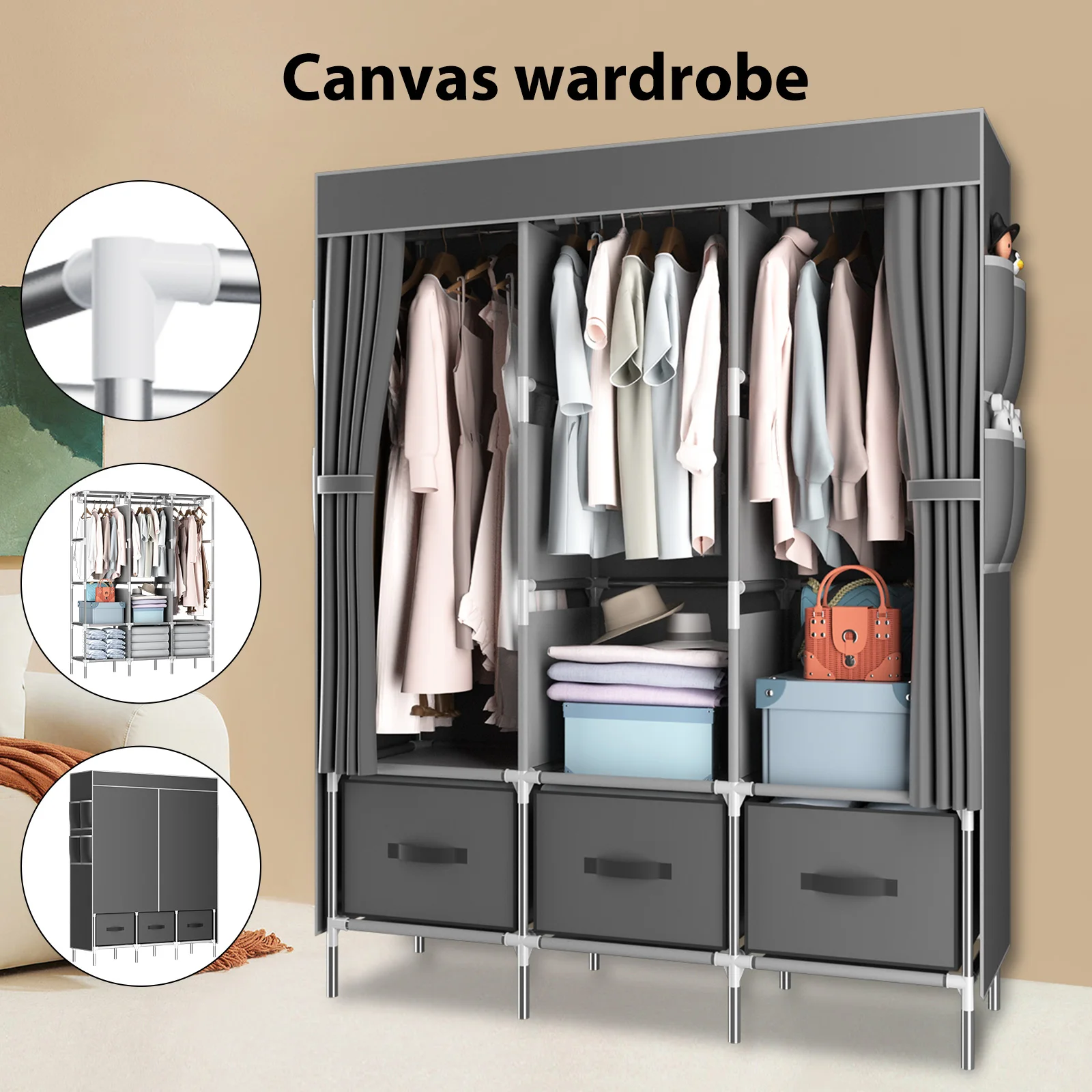 LOEFME Large Canvas Wardrobe Clothes Closet Cupboard With Shelves and 3 Storage Drawers