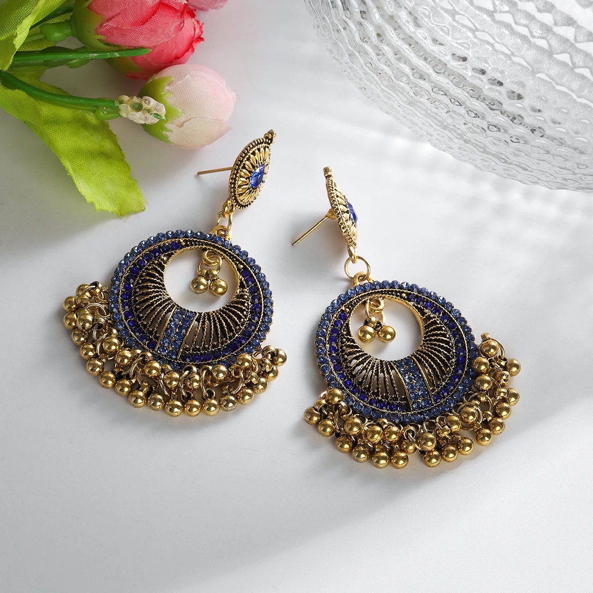 New Pendientes Indian Bollywood Jewelry Jhumka Vintage Blue Crystal Geometric Pendant Earrings Bohemia Brincos Feminino