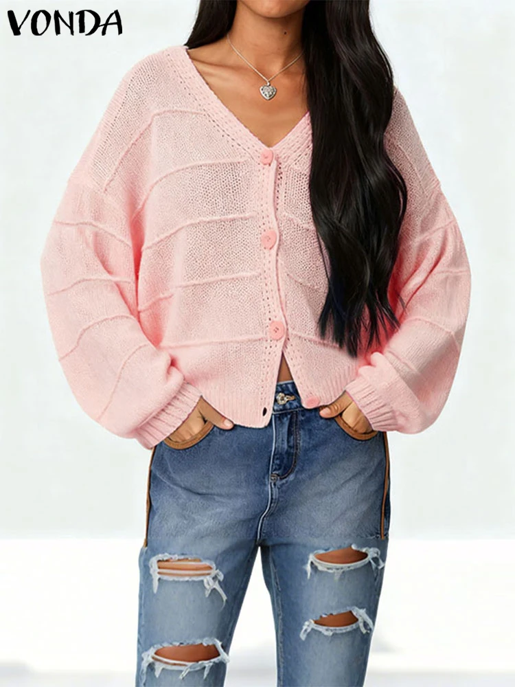 

VONDA Women Sweaters Cardigan 2025 Autumn Long Sleeve V-Neck Knitted Tops Casual Loose Solid Knitwear Shirts Jumpers Lady Coats