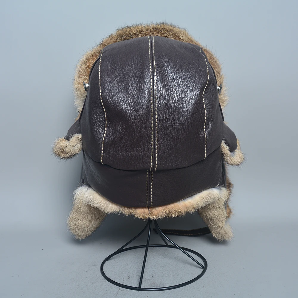 Men Fur Leather Hat For Winter Real Rabbit Fur Hat With Pom Ear Protect Bomber Hats Russian Ushanka Cap Leifeng Hat