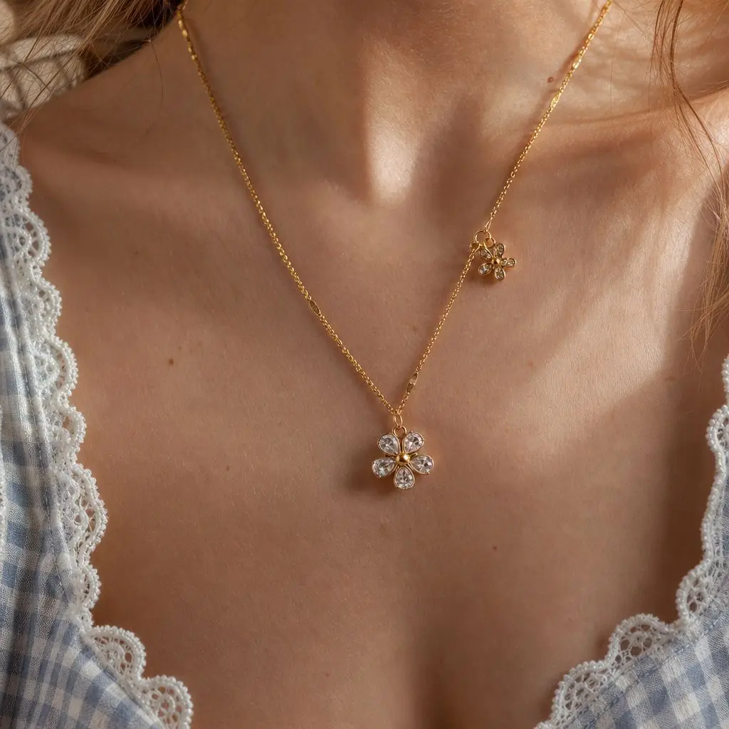 ANENJERY 316L Stainless Steel Double Flower Zircon Necklace For Women Simply Luxury Niche Jewelry Gifts Wholesale
