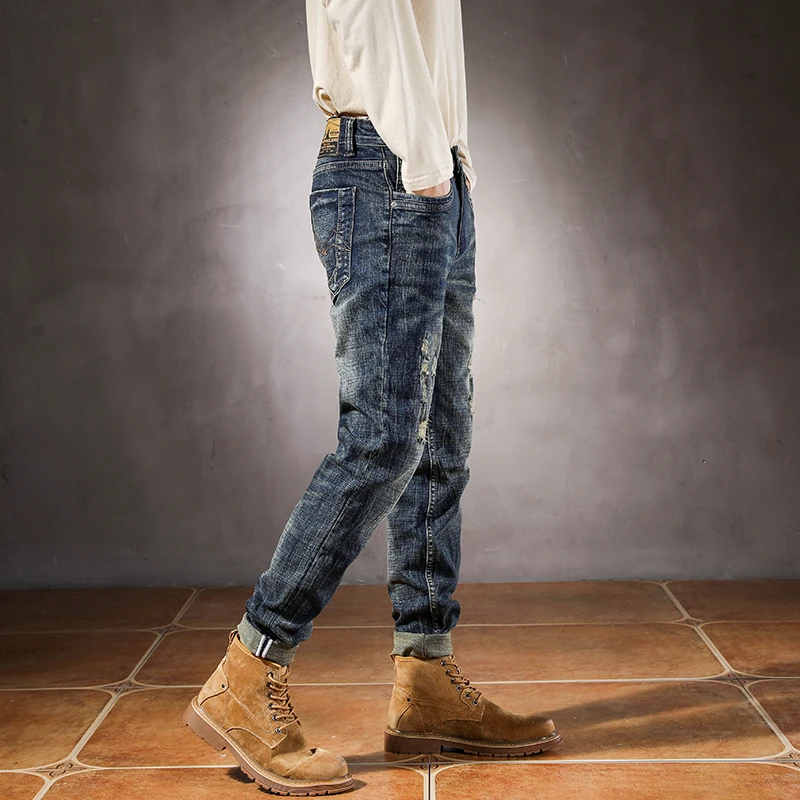 2025 Spring Autumn Trendy Ripped Hole Distressed Washed Denim Jeans for Men American Vintage Casual Slim Fit Stretch Pants