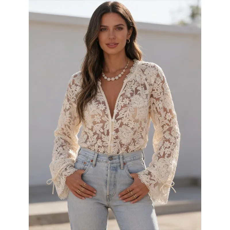 

Корейская повседневная однотонная женская блузка с кружевным V-образным вырезом, свободного кроя, с длинными рукавами, элегантная, на шнуровке, полупрозрачная, для весны и лета