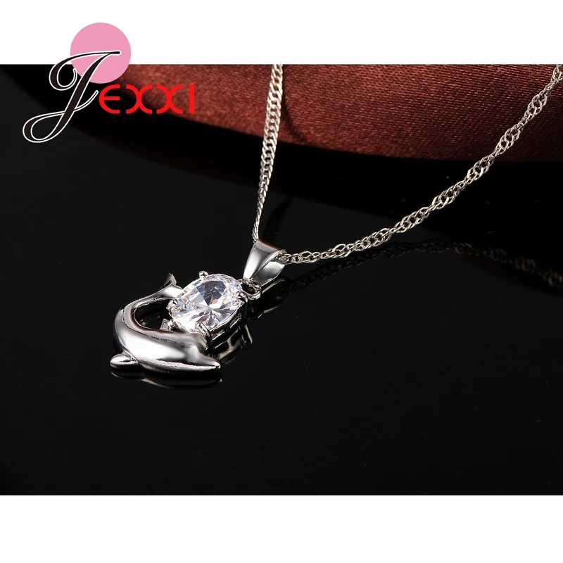 Fast Shipping Pretty CZ Cubic Zirconia Jewelry Set 925 Sterling Silver Romantic Dolphin Pendant Necklace & Earrings Set