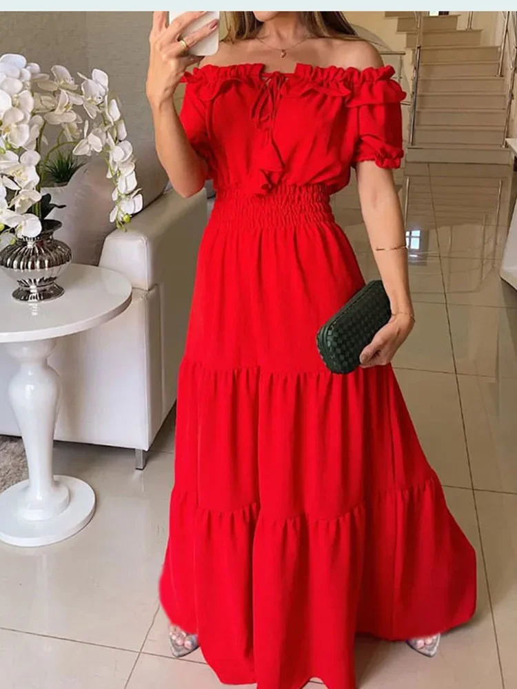 

Summer Sexy Off Shoulder Boho Dress Women Fashion Elegant Beach Party Dress Casual Slash Neck Office Maxi Dresses Robe Femme