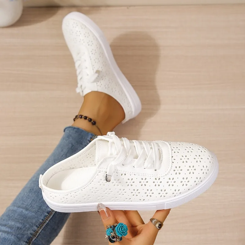Floral Cutout Slip on Mule Trainers Elastic Quick Laces Flat White Ladies Summer Street Non Slip Casual Shoes - view 6