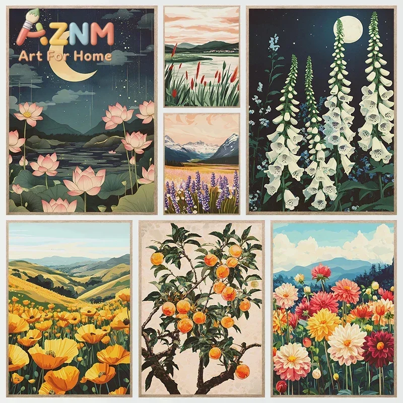 AZNM Floral Nature Landscape Canvas Wall Art Moon Lotus Wildflower Mountain Scenery Vintage Art Print Unframed Canvas Poster for