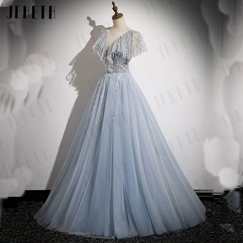 JEHETH Bling Long Evening Dress for Women A-Line Tulle vestidos de noche mujer 2023 Beads Sequins Party Gown