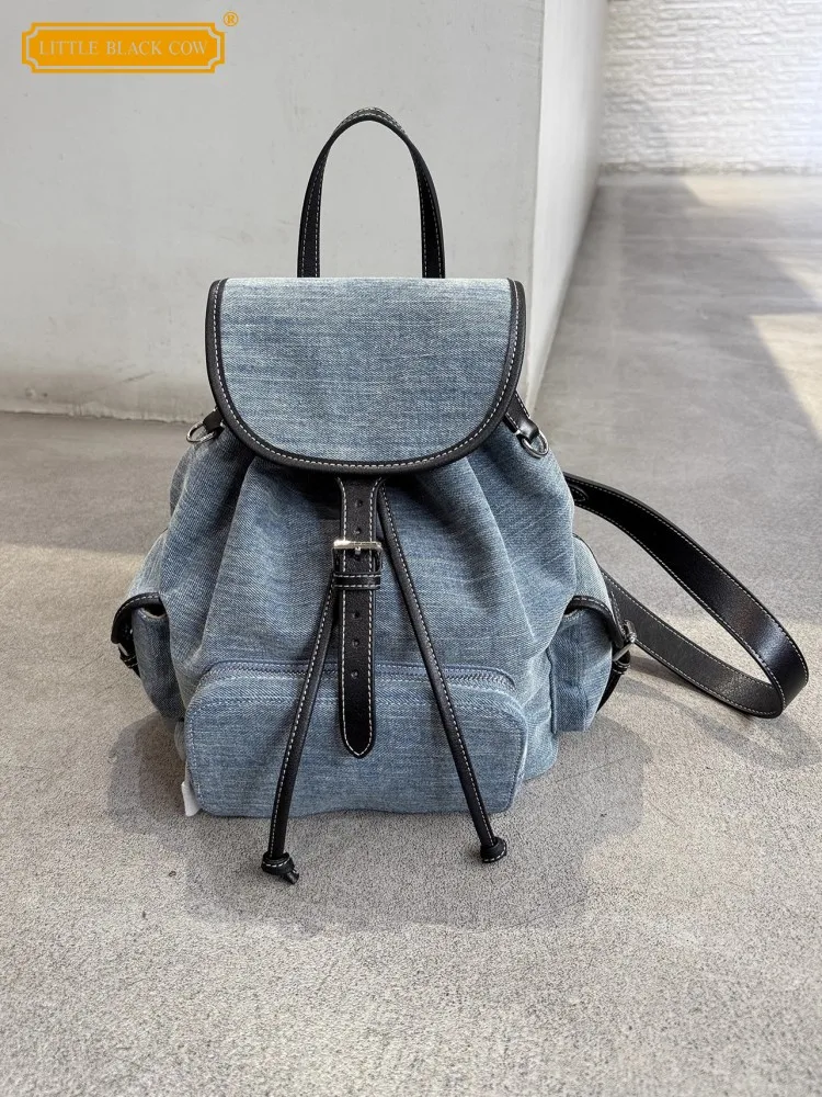 

New Women Casual Canvas Backpack Spliced Genuine Leather Large Capacity School Bags Multi Pocket Drawstring Harajuku Backpacks