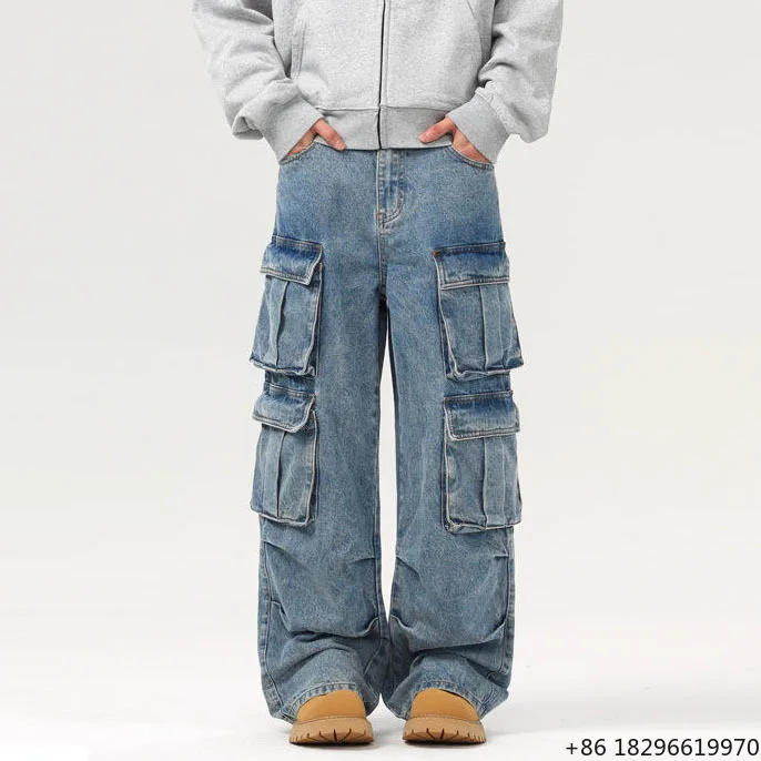 For Men OEM American Baggy Jeans Vintage Cargo Pant Multi Pocket Straight Pants Men Women Denim Ripped