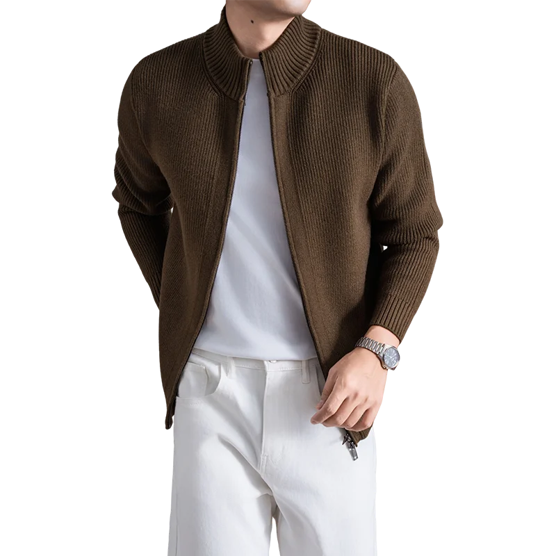 

Korean Trendy Sweater Cardigan Autumn Winter Classic Double Zipper Coat Men Stand Collar Knitwear Long Sleeve Sweater Outwear