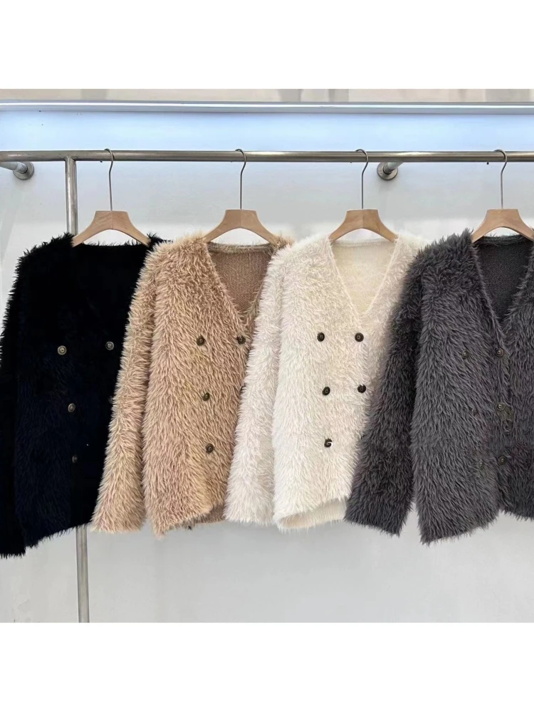 Colorfaith SWC4060JXQ New 2023 Korean Fashion Fake Mink Cashmere Weed Sweater Buttons Cardigans Elegant Women Winter Spring Tops