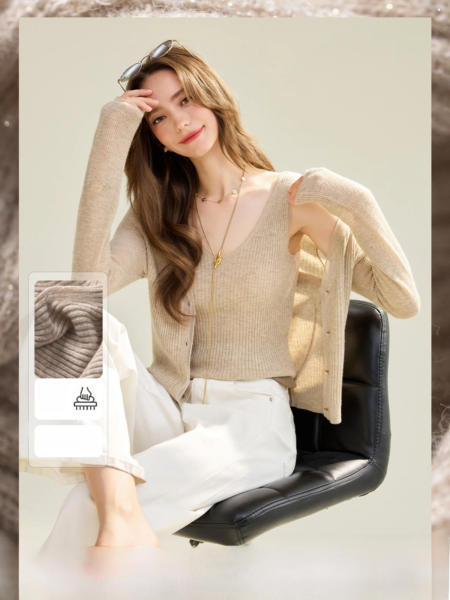 

Ele Long Sve Knitted Wool Vest Double Tead Gold Tead Women's Cardigan Sweater V Ne Thin Spring Faion Woolen Vest