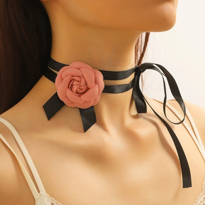 Vrouwen Mode Roze Camellia Bloem Ketting Sieraden Klassieke Romantische Veters Choker Kettingen Prachtige Kraag Ketting 41qc