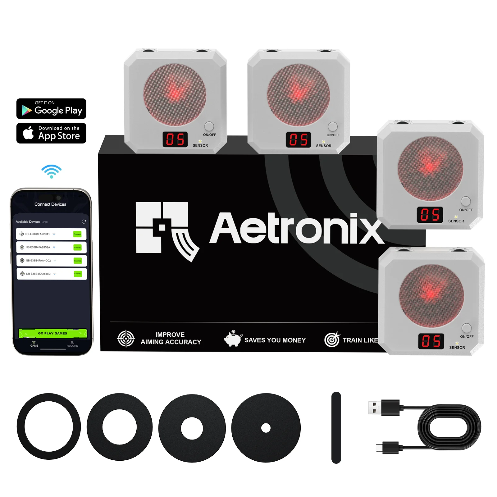 4Pcs Laser Dry Fire Trainer Bluetooth APP Control Type‑C Charging 5‑Size Magnetic Rings 3 Game Modes Sound‑Light Score Feedback.