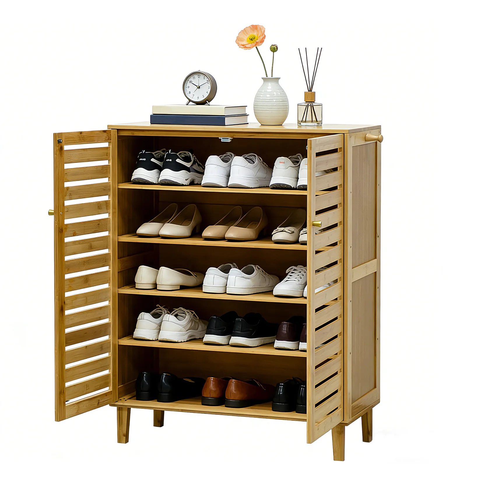 Bamboo Shoe Storage Cabinet with Slatted Doors, 5-Tier Wooden Shoe Organizer Cupboard for Entryway Hallway, Freestanding Large Shoe Rack with Side Hooks & Magnetic Closure