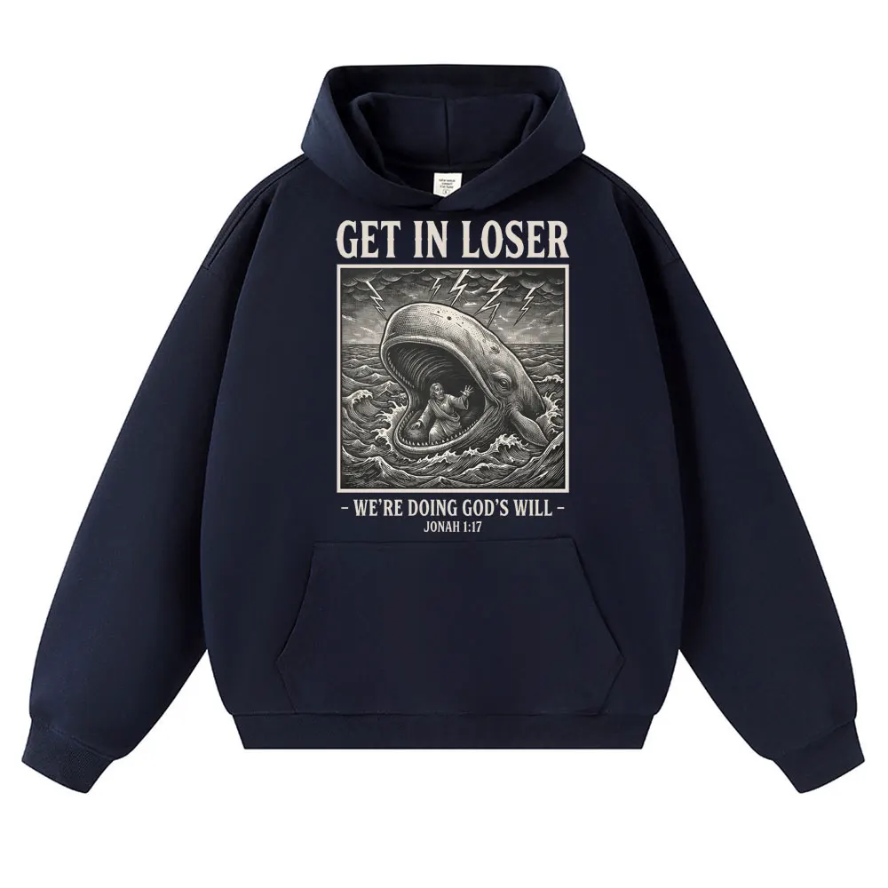 Funny Get in Loser We're Doing God's Will Hoodie Men Women 90s Vintage Christian Bible Jesus Long Sleeve Loose Fleece Pullover