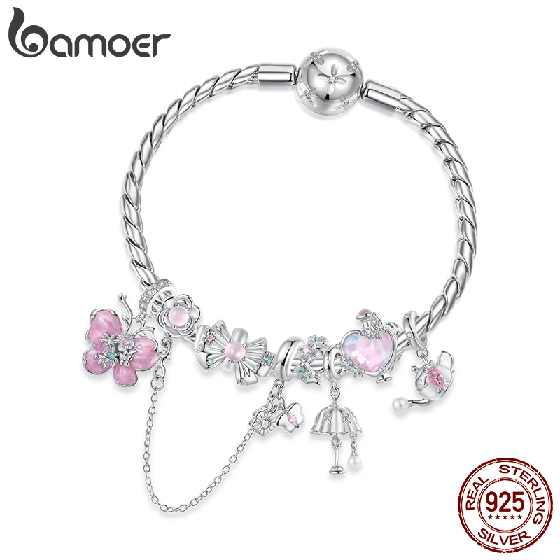 

Bamoer 925 Sterling Silver Crystal Pink Spring Charm Flower Bow Spacer Beads Retro Pendant for Women DIY Jewelry Romantic Gift