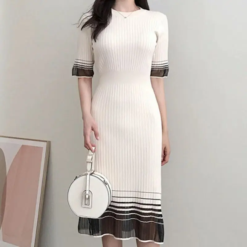 Topenomi Women Knitted Dress French Elegant O-neck Slim Fit Patchwork Mesh Striped Dresses Summer Vintage Short Sleeve Vestidos