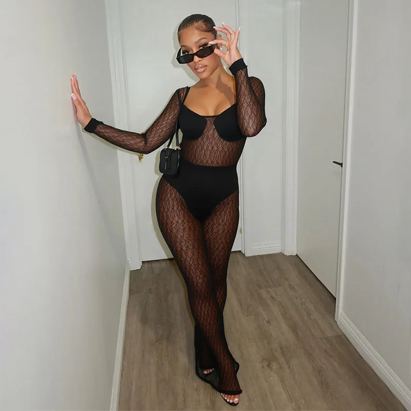 

DSMTRC прозрачные черные полуночные комбинезоны женские с длинным рукавом эластичные цельные комбинезоны тонкие сексуальные прозрачные комбинезоны