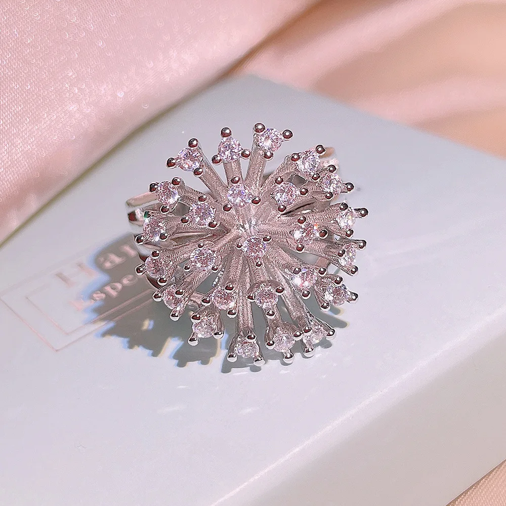 925 Sterling Silver Glittering Zircon Dandelion Ring Ladies Three Claw Zircon Ring Party Birthday Fashion Jewelry Gift