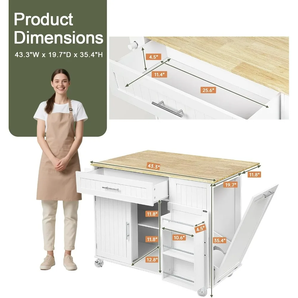 

Кухонный остров 43,3 дюйма с местом для хранения, расширенный мусорный бак из каучукового дерева и вешалка для полотенец для кухонного стола