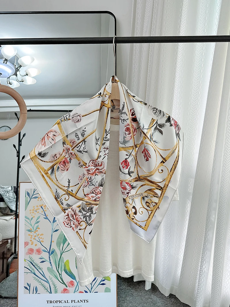 Gold And Beige Flowers 90x90cm High Quality New In Scarf Women Neckerchief Hand Rolled Luxury foulard 90cm white Silk Scarf
