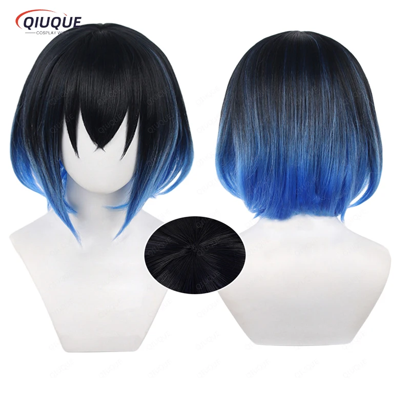 

Anime Hashibira Inosuke Cosplay Wig Short Black Blue Gradient Heat Resistant Synthetic Hair Halloween Wigs + Wig Cap