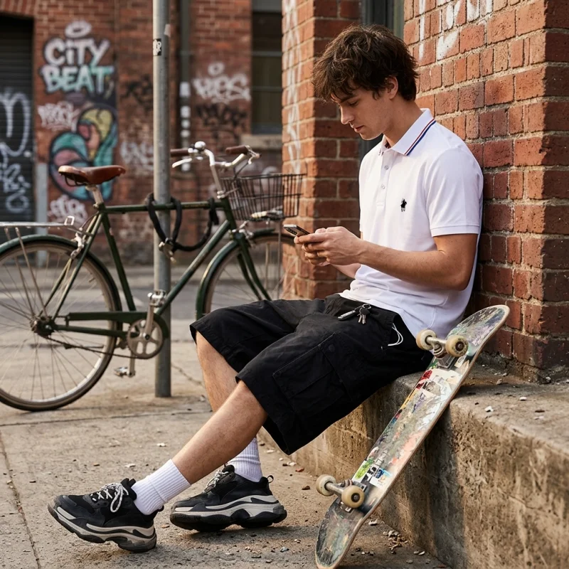 Herren Kurzarm-Poloshirt mit Emblem auf der linken Brust, mehrfarbigem Kragenbesatz, dreiknopfiger Knopfleiste, lässiges Business-Sommer-Oberteil T-Shirt – Detail 4