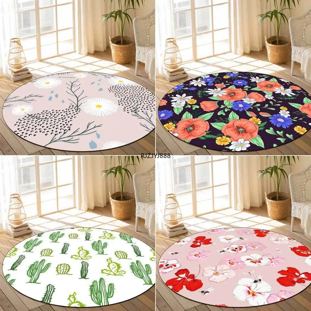 

150cm Small Fresh Nordic Ins Style Pastoral Small Broken Flowers and Flowers Living Room Bedroom Non-slip Round Mat Carpet