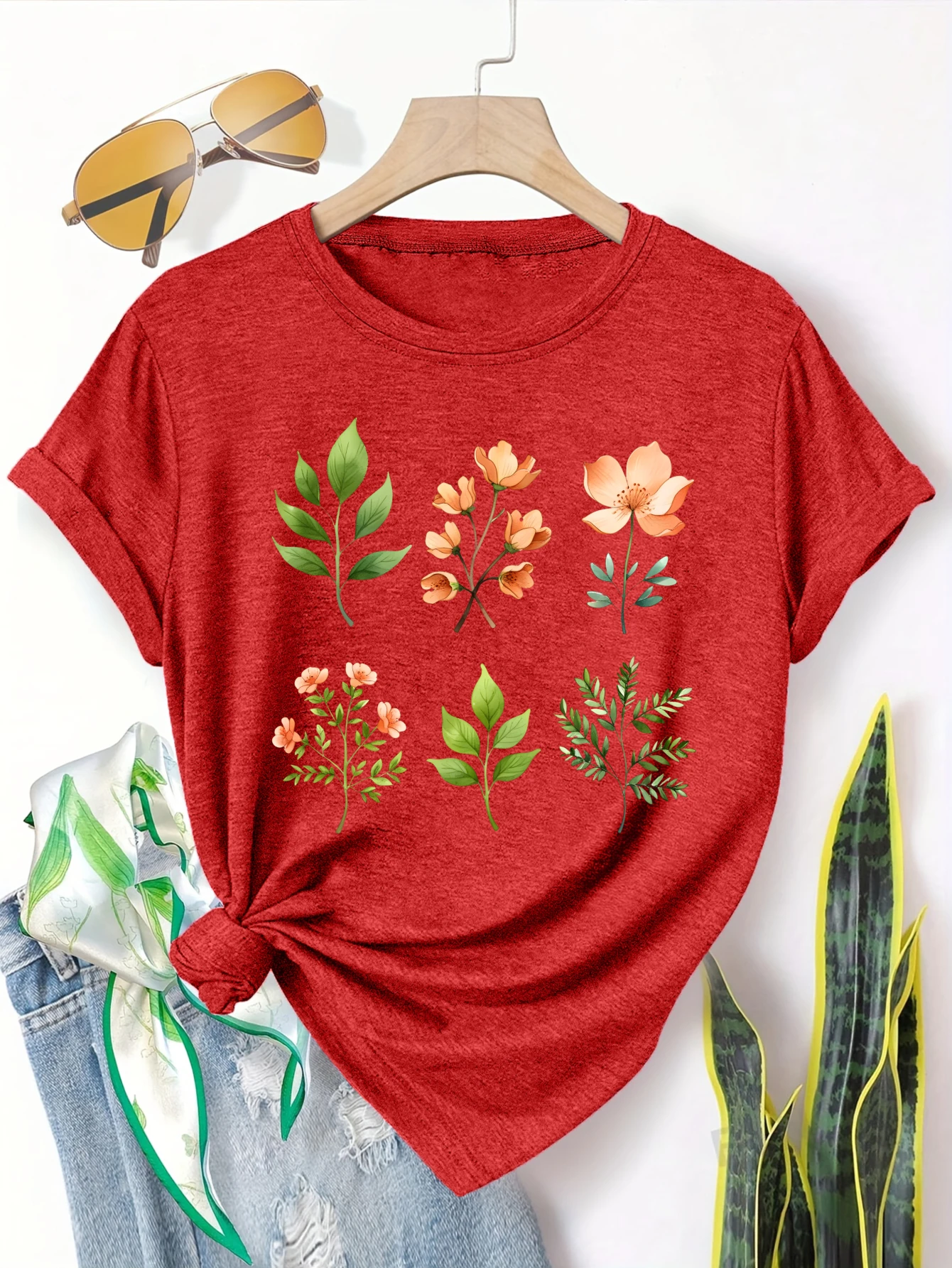 

Plus Size Women's Short Sleeve T-Shirt Floral Pattern With Orange Flowers And Green Leaves breathable fabric summer outfits