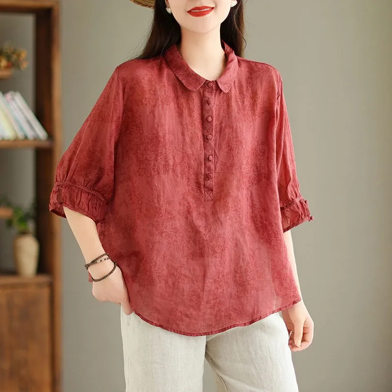 High Quality Women Casual Shirt New Arrival 2024 Summer Vintage Style Loose Comfortable Female Half Sleeve Tops Shirts B3625