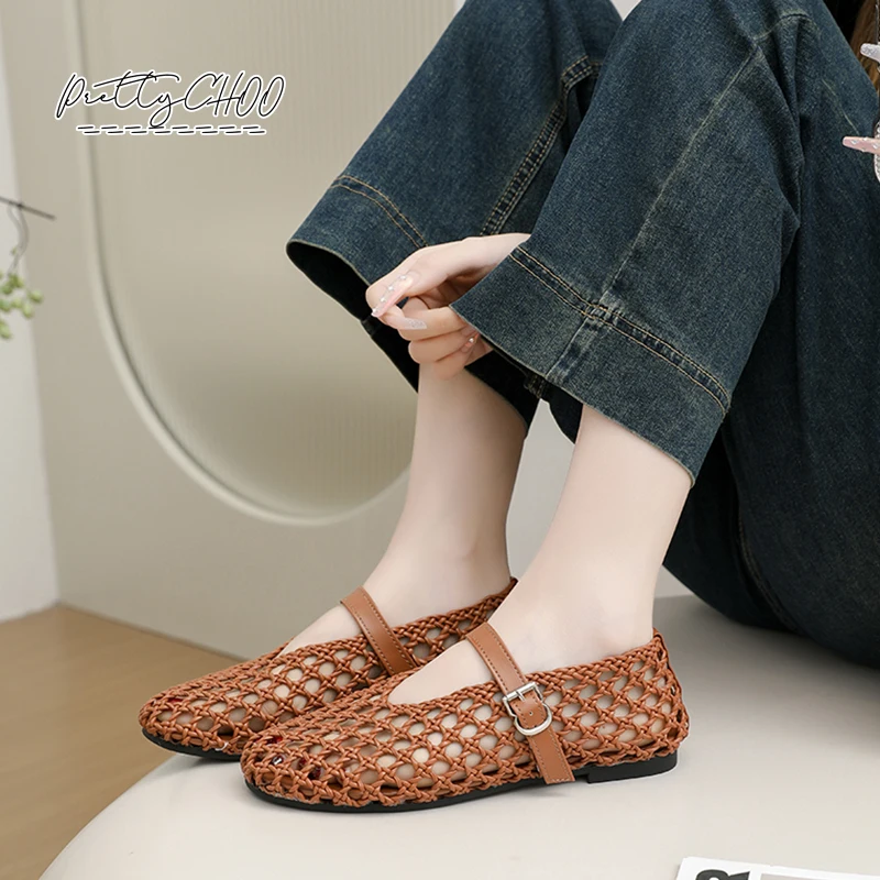 Chic Brand Design Leather Weaved Ballet Flats Woman Hollow Out Fishnet Mary Jane Shoes Ladies Summer Breathable Shallow Loafers