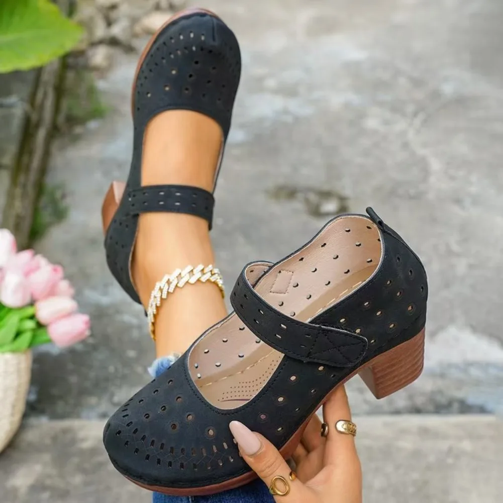 2026 Summer New Women Shoes Plus Size Chunky High Heel Sandals Hollow Closed Toe Slip-On Mueller Sandals Women Sandalias Mujer image 6