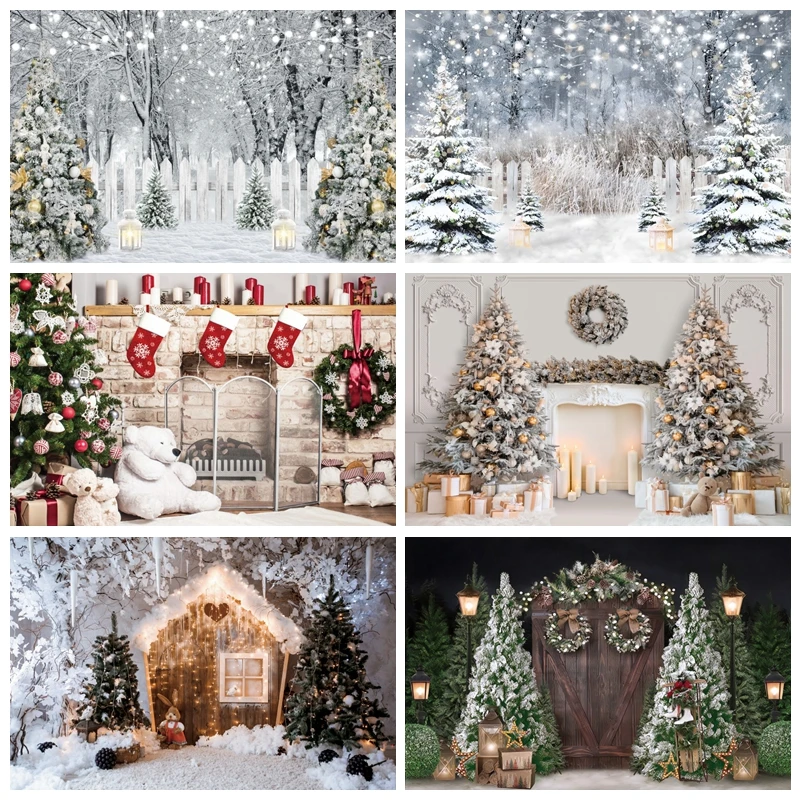 Christmas Photography Backdrop White Brick Fireplace Bear Xmas Tree Backgrounds Children Kids Family Holiday Party Decor Banner